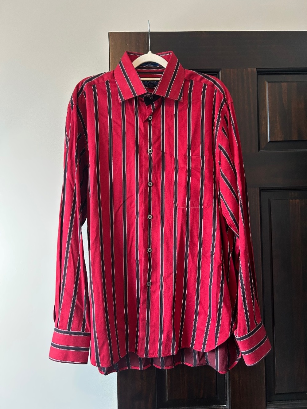Paul Fredrick Trim Fit Striped Shirt Men’s Large Red Black Long Sleeve Button Up